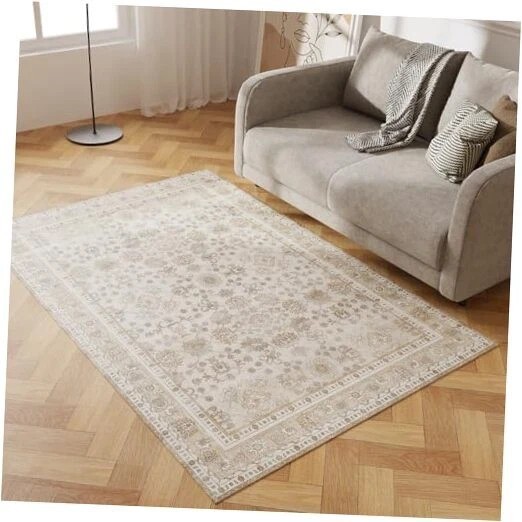 4×6 Durable Vinyl Rugs for Living Room, Vintage Floral Pattern for Dining