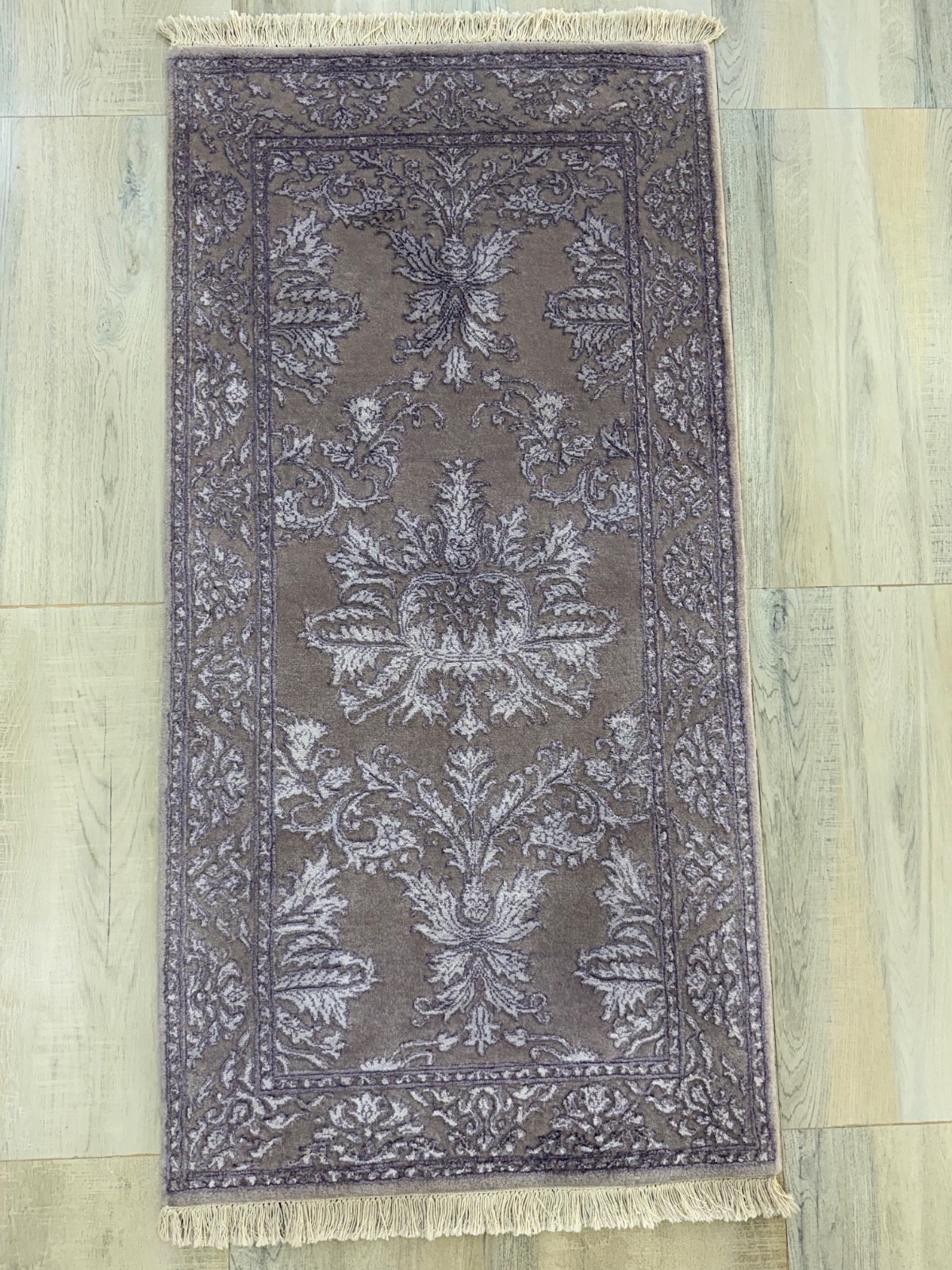 Classic Hand-Knotted Wool Rug 70×140 cm Grey Traditional European Damask Pattern