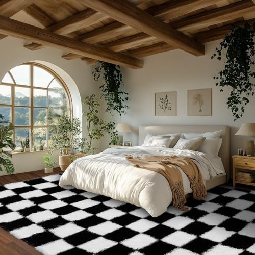 Ecoshag Soft Rugs for Living Room, 5×7 Ft Black and White Checkered Fluffy Shagg