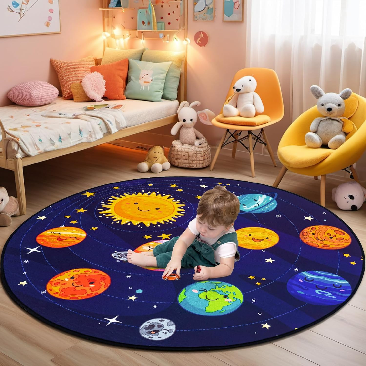 round Space Rug for Kids Room 40X40” Solar System Circle Rugs for Bedroom Kids