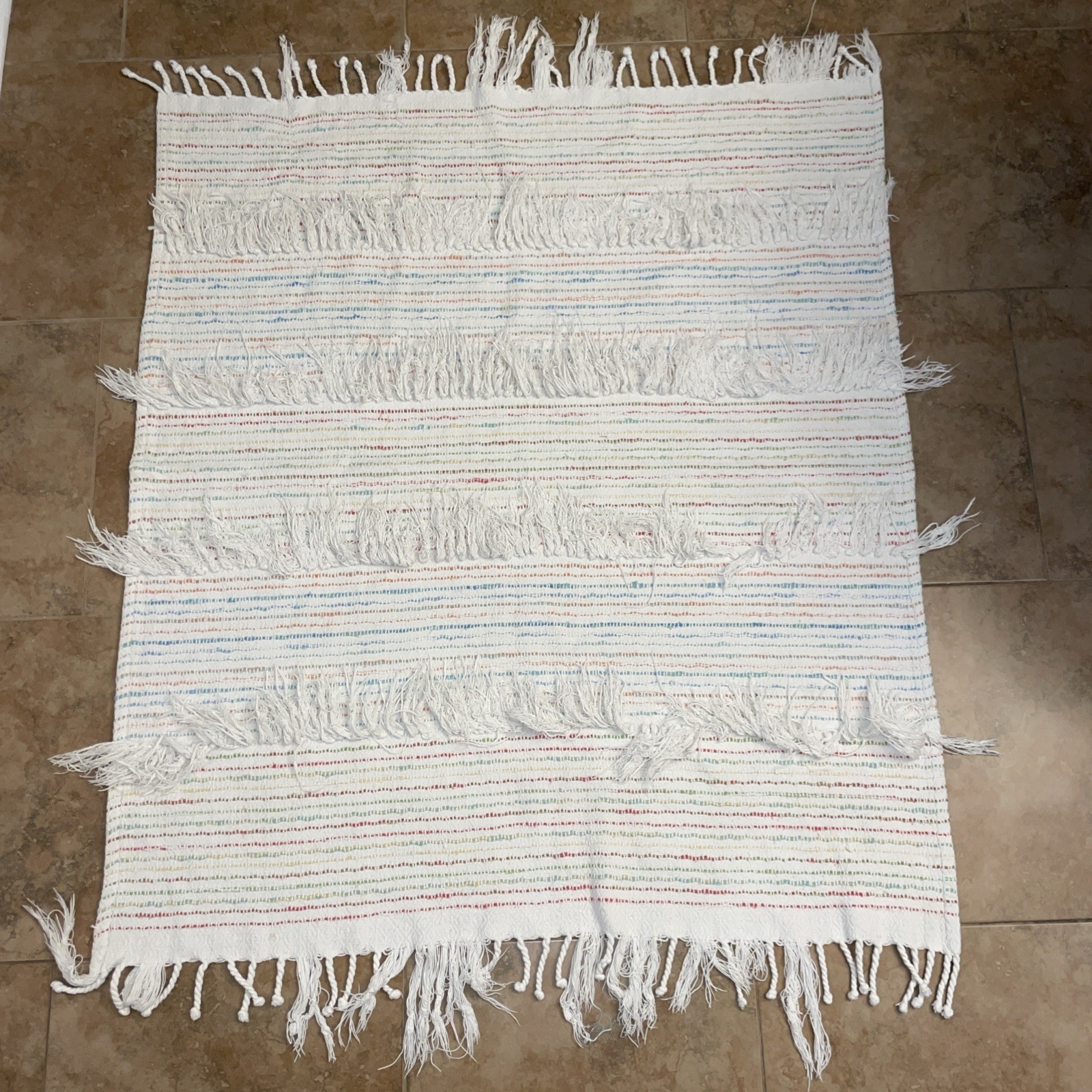 Woven White Rainbow Stripe Fringe Accent Rug 56×44″ Boho Kitchen Bath Décor Cott