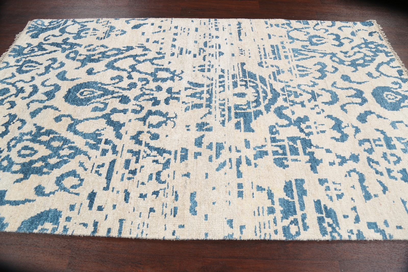 Blue/ Ivory Wool/ Silk Abstract Contemporary Oriental Area Rug Hand-Knotted 5×8