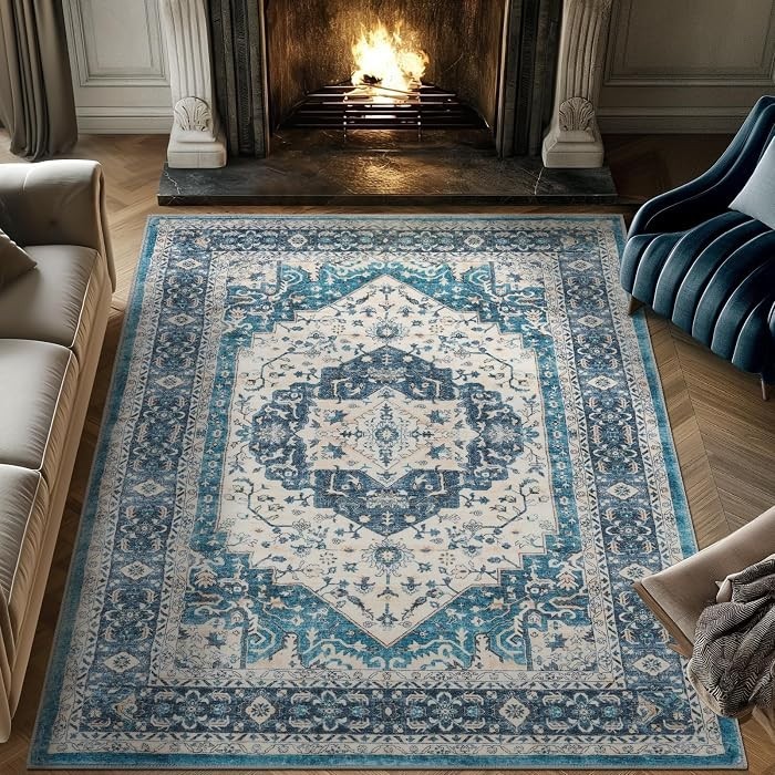 Jinchan Washable Area Rug Living Room 6′ x 9′ ft Distressed Rustic Floral Blue