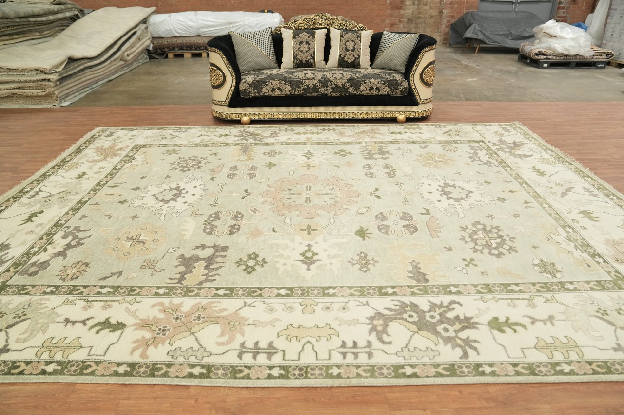 Beige and Olive Oushak 12×15 Floral Patterned Wool Rug in Sage Green & Ivory