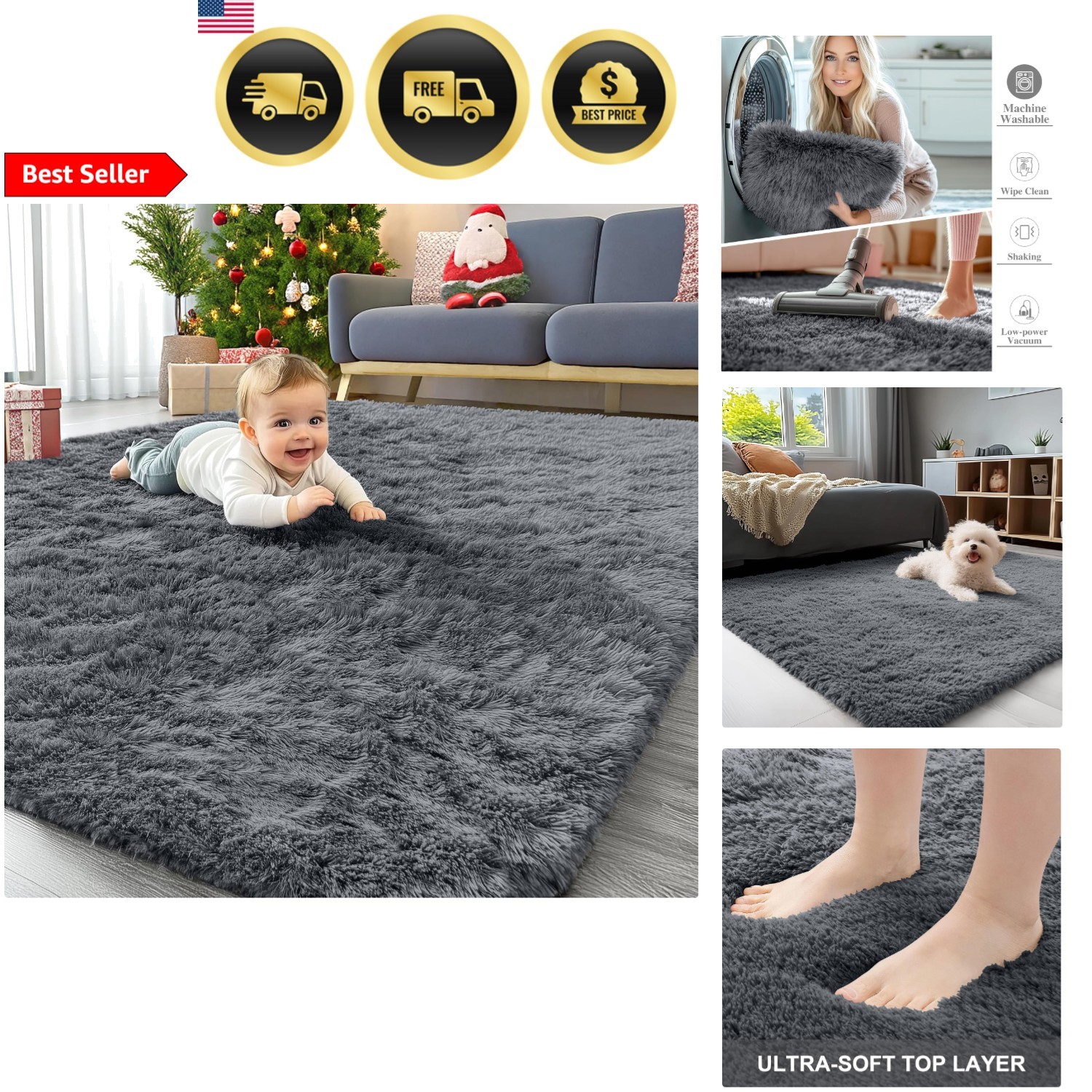Area Rug for Living Room and Bedroom Soft Fluffy Washable Grey 4×6 ft