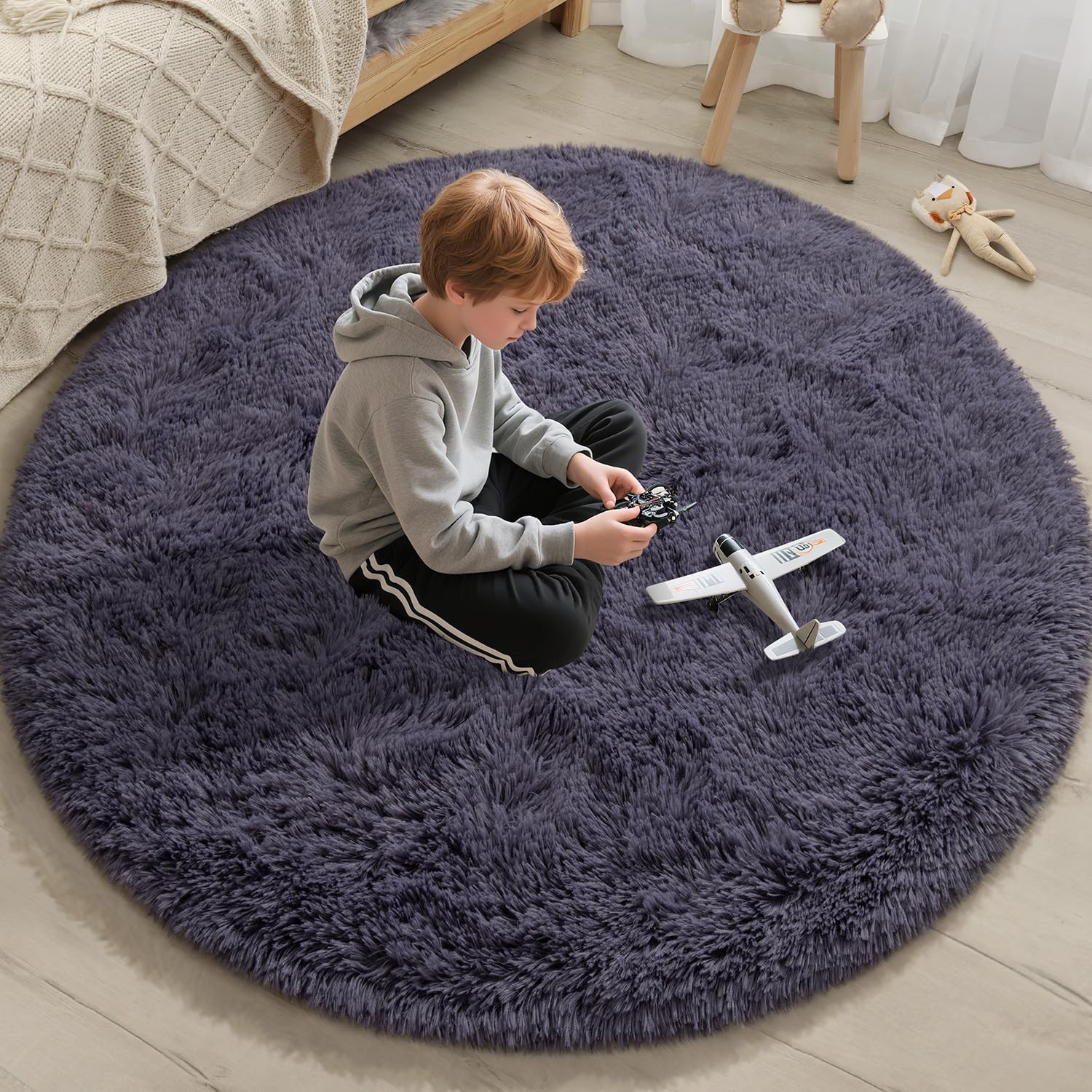Grey Purple Round Rug for Bedroom, 4×4 Ft Fluffy Soft Circle Area Rugs for Li…