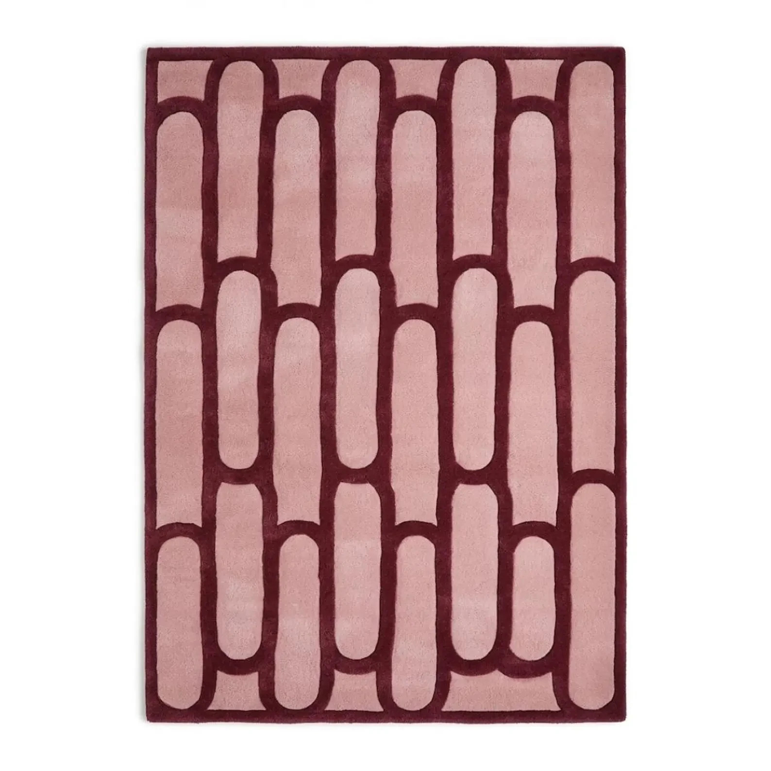 Hand-Tufted Dusty Pink Rug with Burgundy Geometric Arches Minimalist Blush Pink