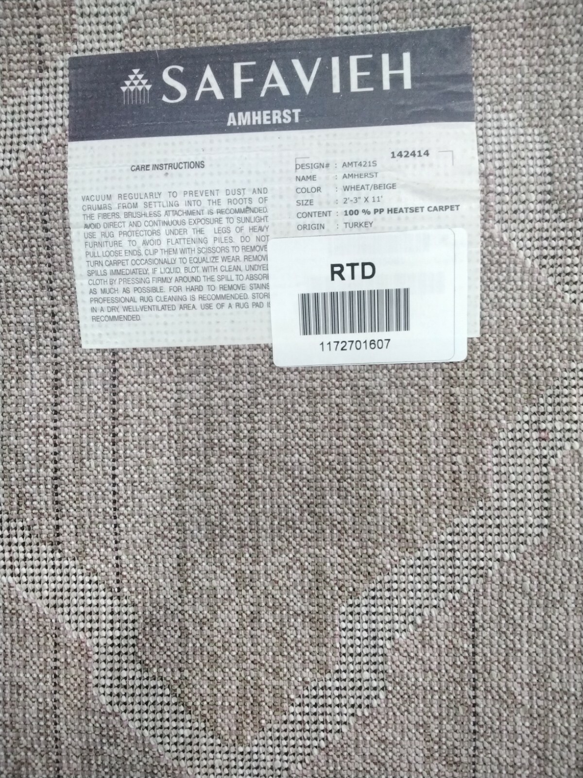 WHEAT / BEIGE 2′-3″ X 11′ Back Stain Rug, Reduced Price 1172701607 AMT421S-211