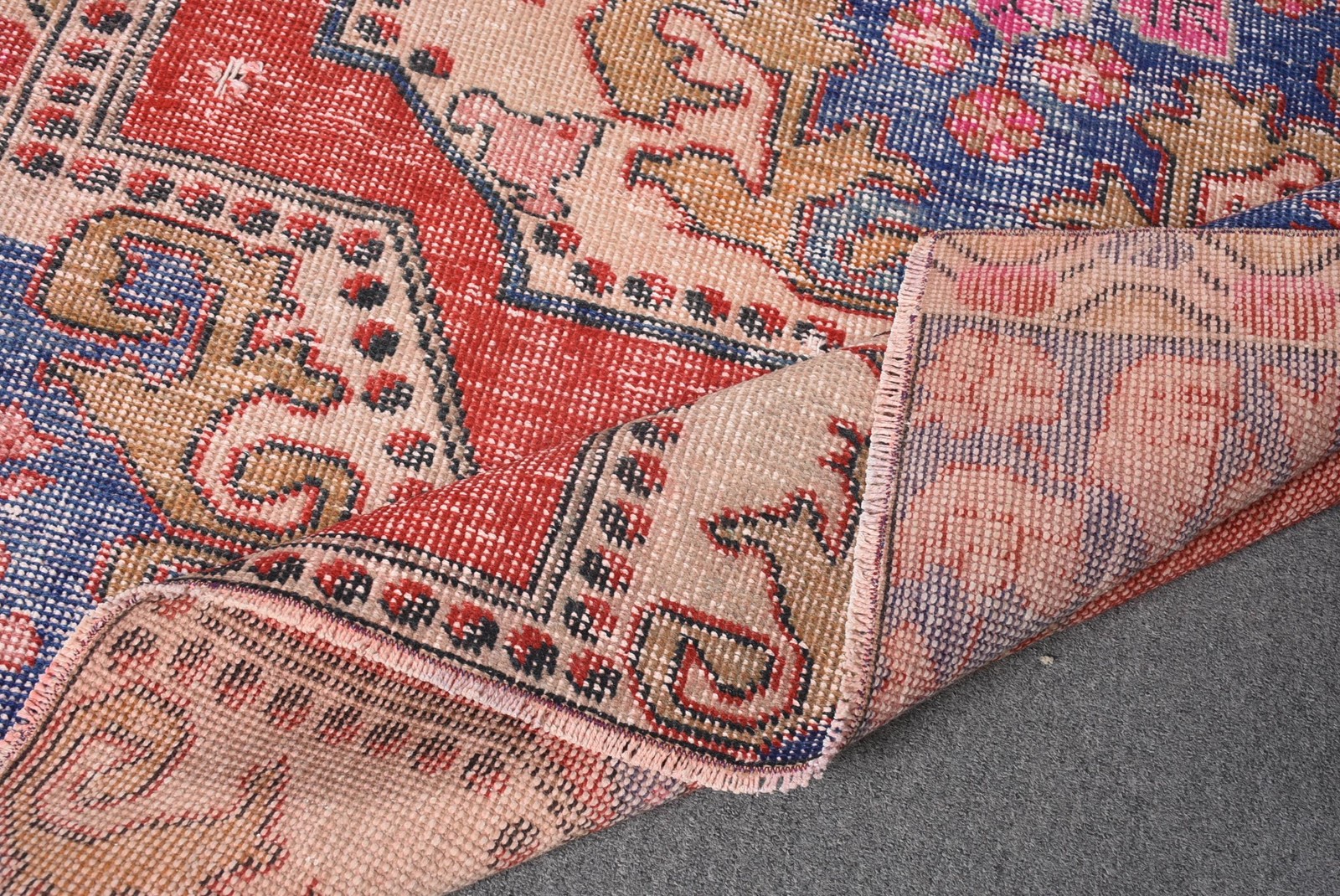 Vintage Rug, 4,3×6,8 ft Area Turkish Rug, Red Blue Floral Rug