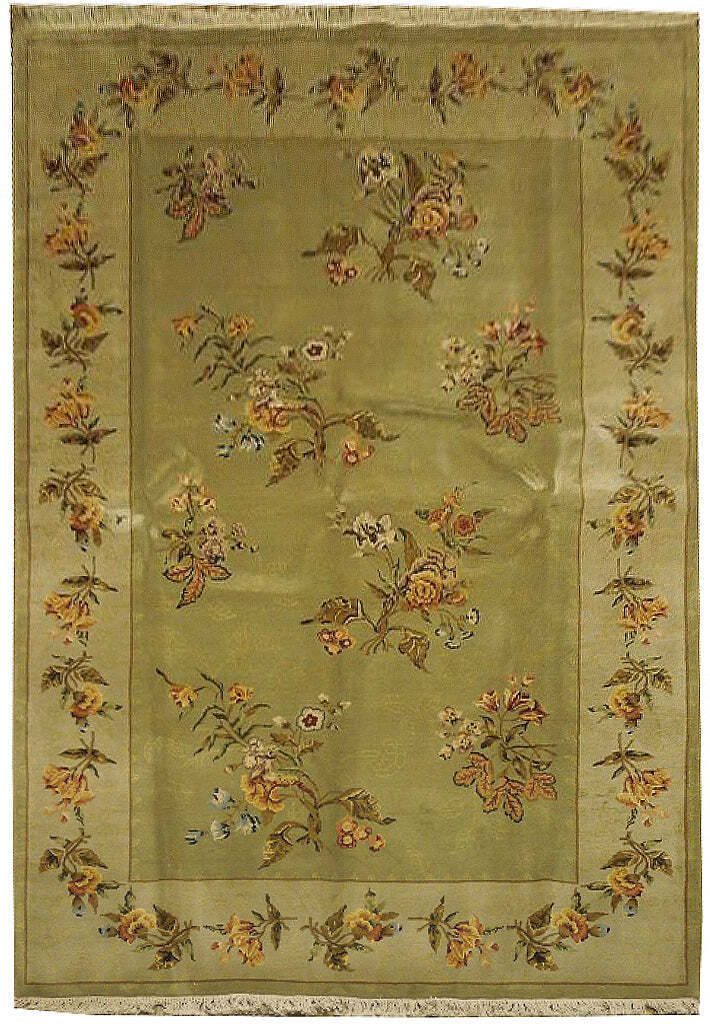 6′ x 9′ NEW Art Deco Pattern Hand0knotted Wool & Silk Rug GREEN #PIX-23854