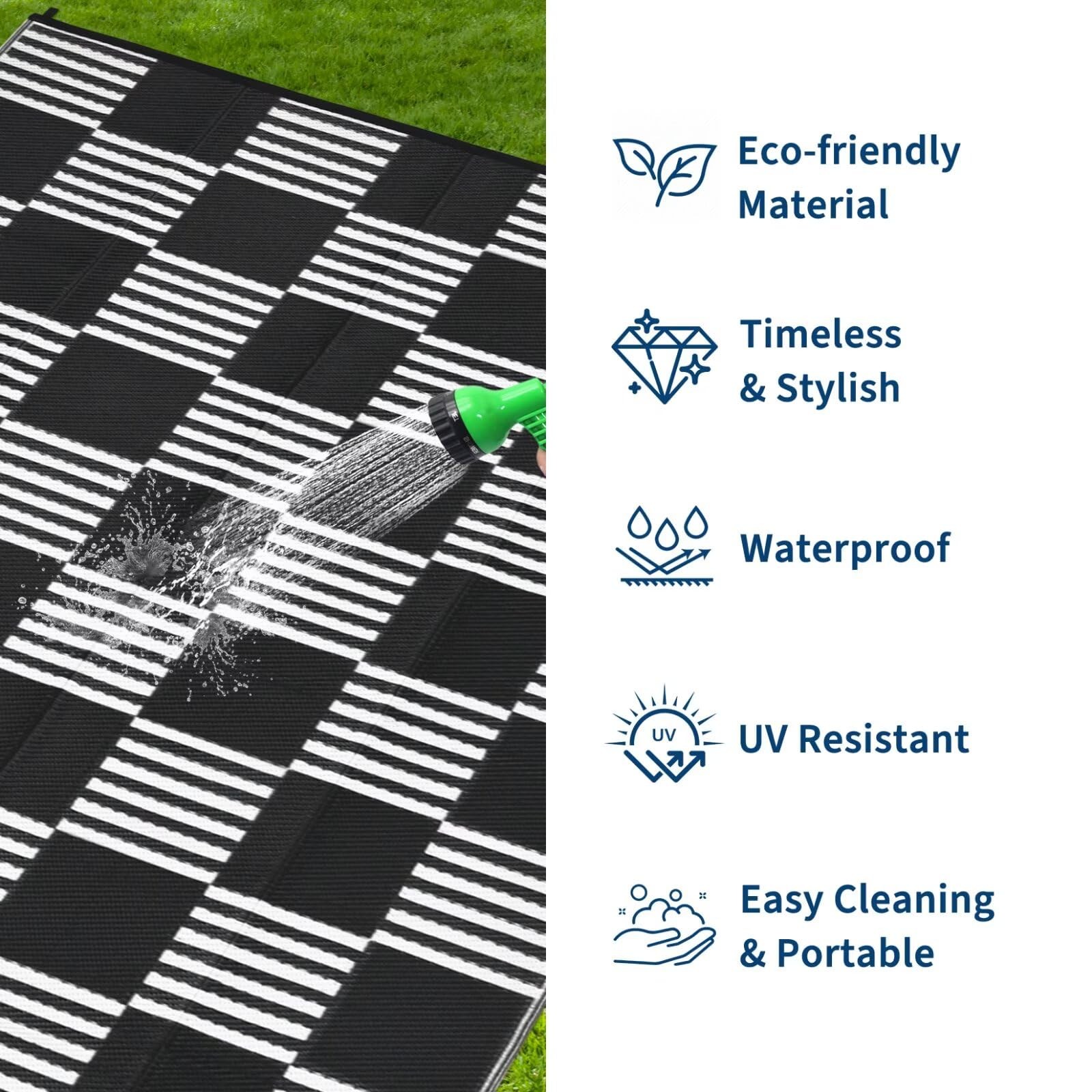 Waterproof Outdoor Rug 6×9, Checkered Foldable Plastic Straw Patio Camping Ru…