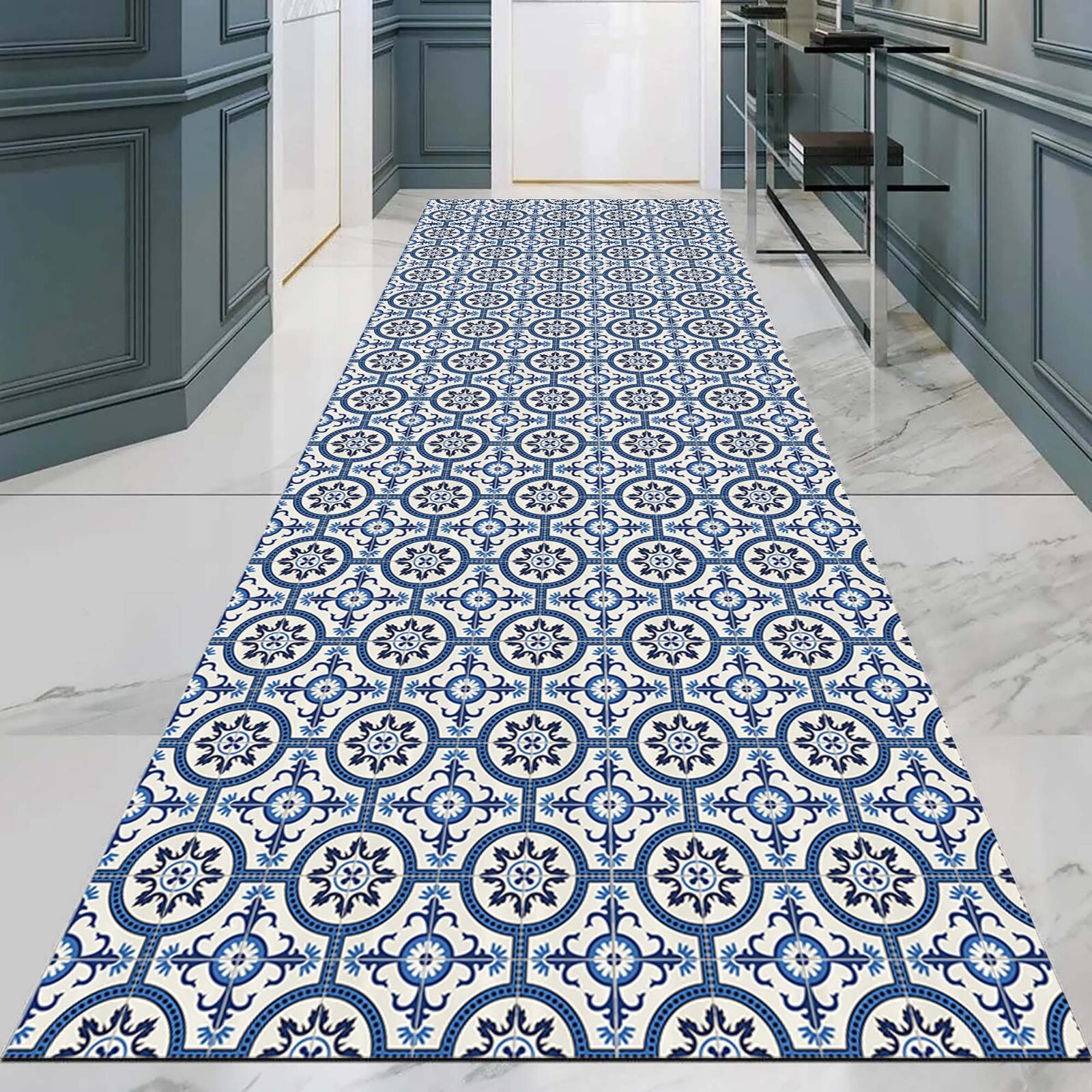 Blue Tile Runner, Moroccan Style Rug, Mediterranean Rug, Vintage Pattern Rug