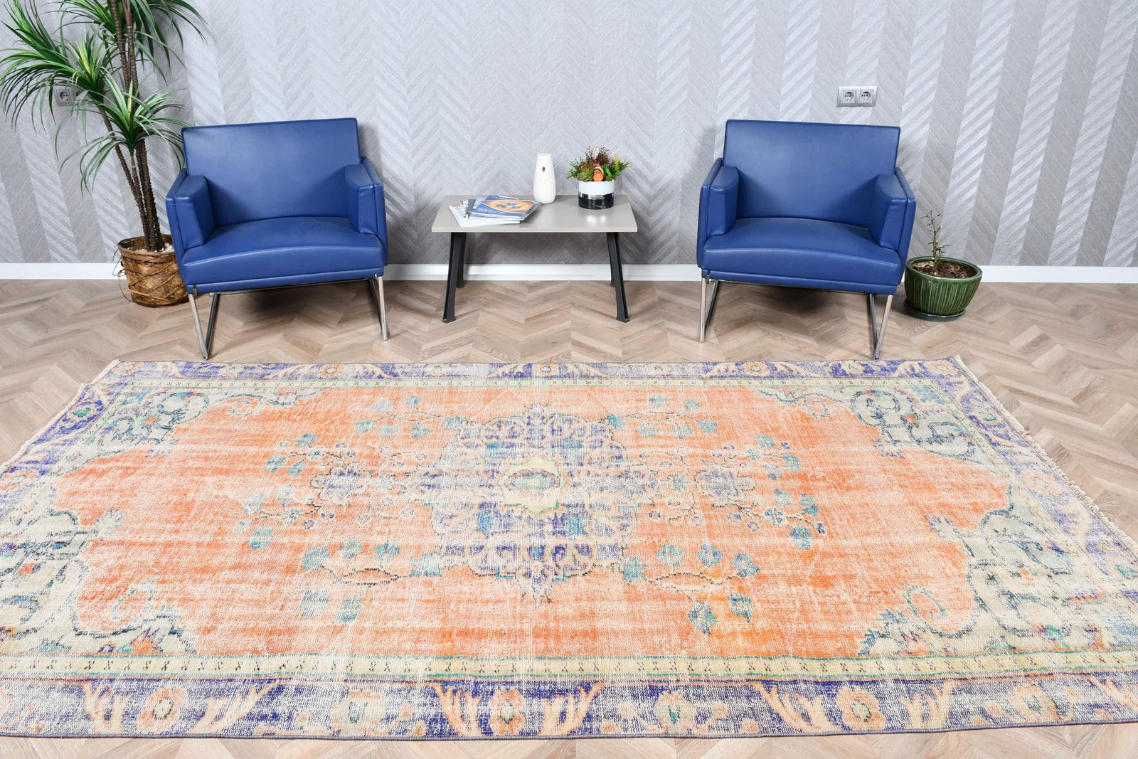 Turkish Vintage Rug, Large 5,6×10,2 ft (171×310 cm) Rug, Orange Check Wool Rug