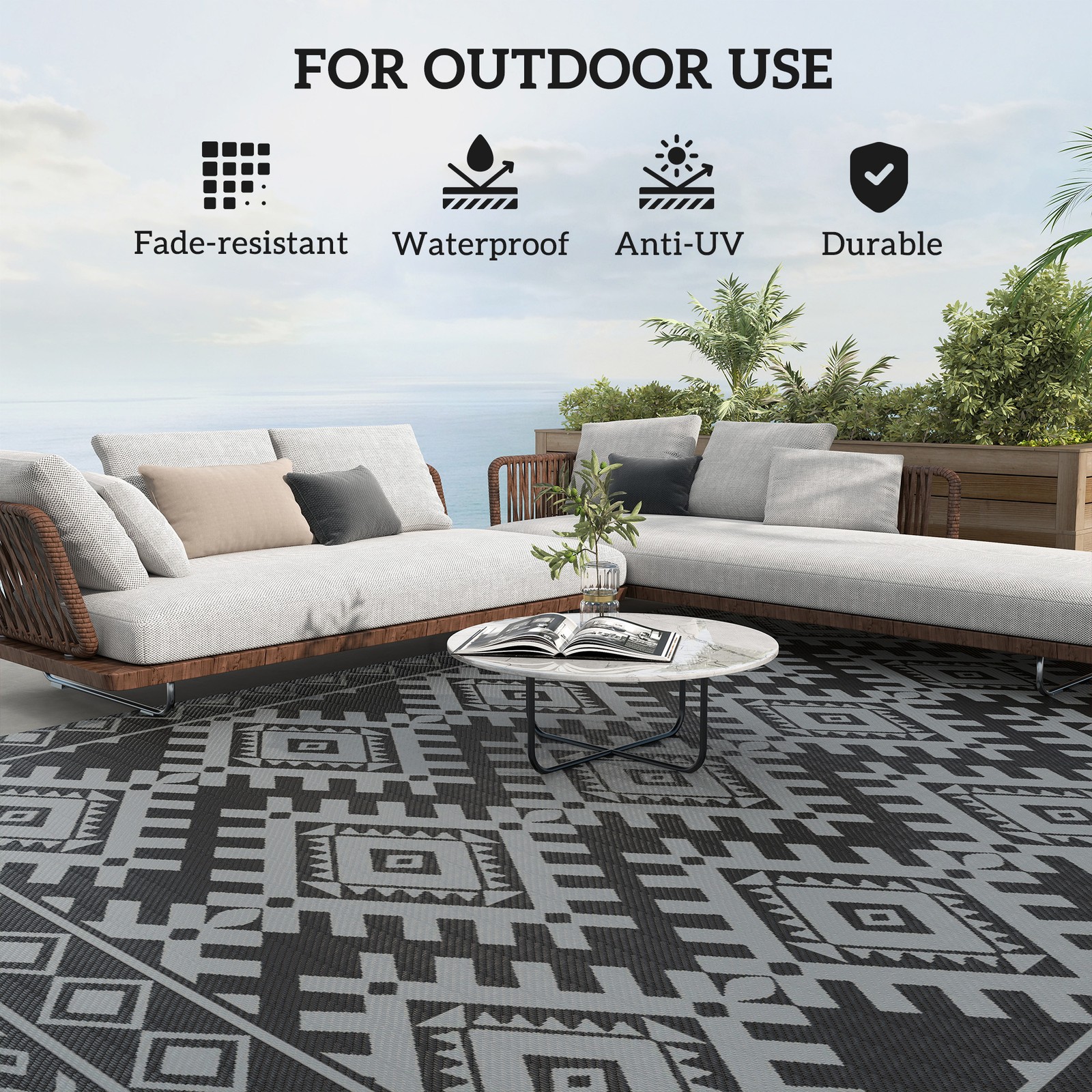 Outsunny Outdoor Rug, 9′ x 18′ Floor Mat, Black Gray Rhombus Border