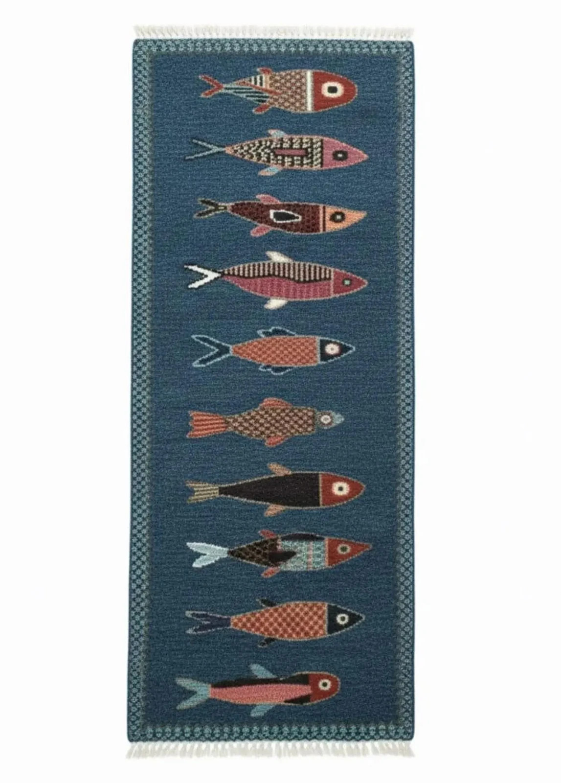 Koi Fish Runner Hand-woven Wool Fish Runner Rug, Coastal Nautical Hallway 2×8
