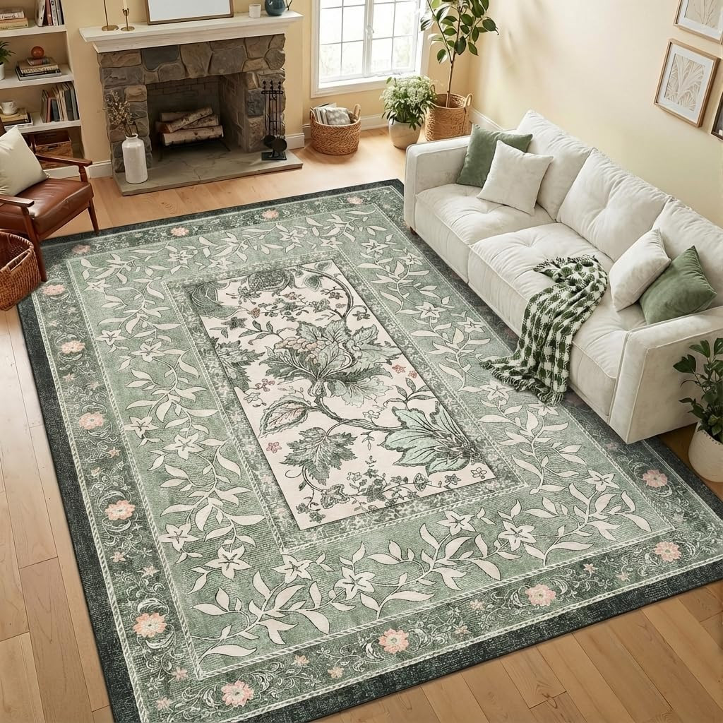 Provence 5X7 Area Rugs, Botanical Grove Sage Green Vintage Cottagecore Non-Slip