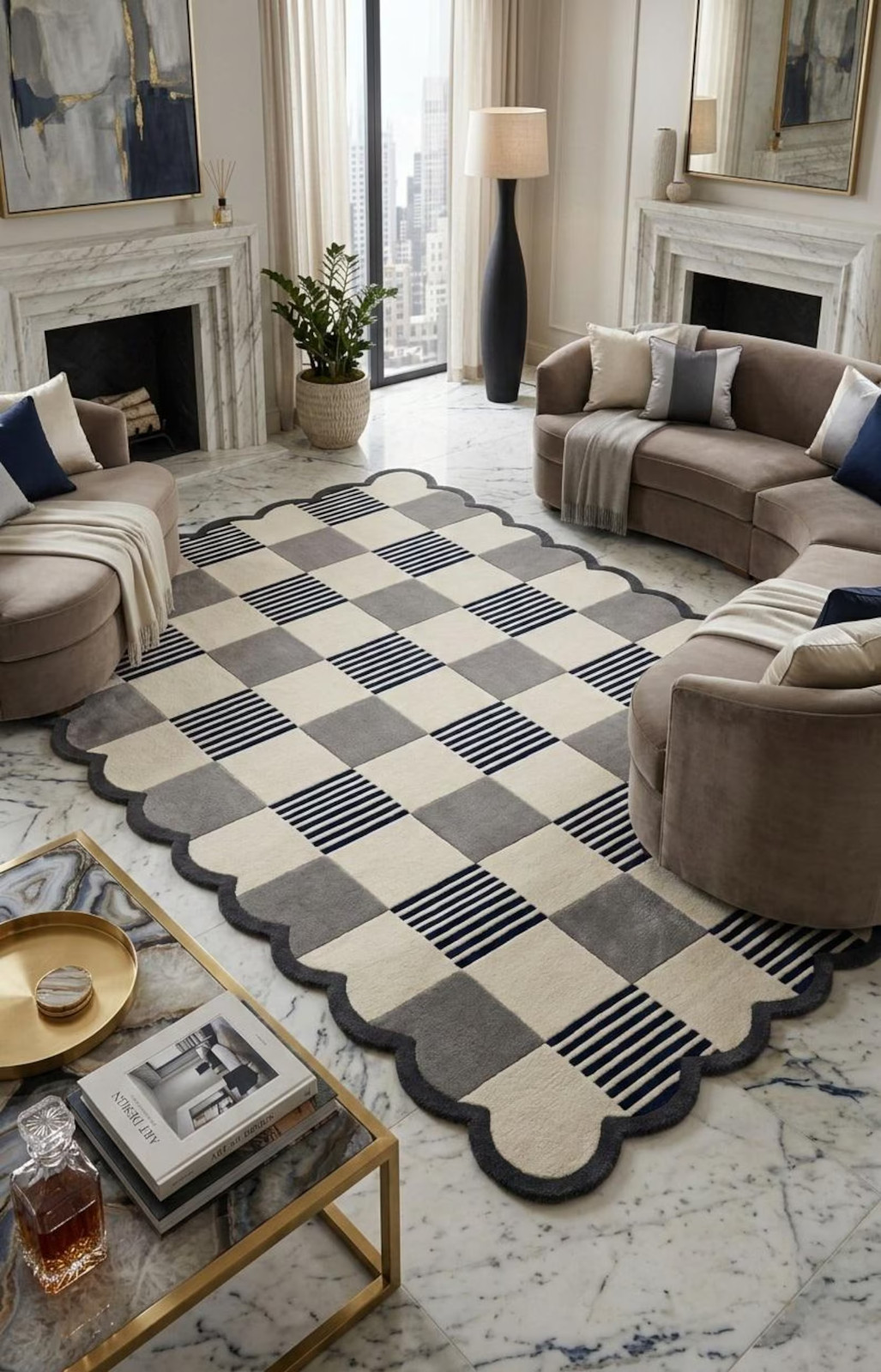 Hand-Tufted Wool Rug – Scalloped Edge Checkered Black & White Area Carpet