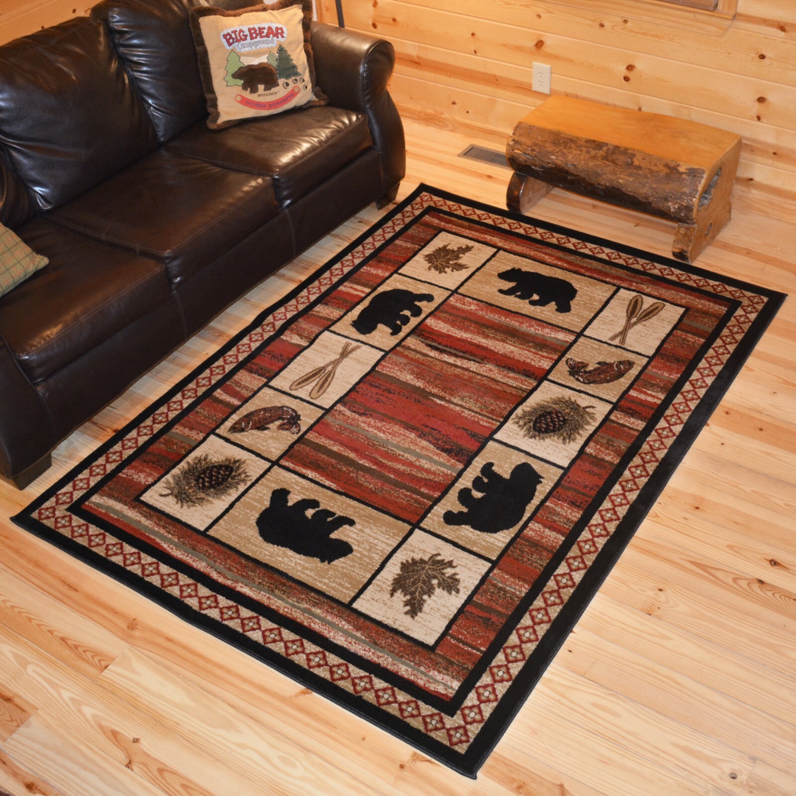 Hearthside Vogel Round Oval Runner Area Rug Lodge Cabin Bear Oar Black Red