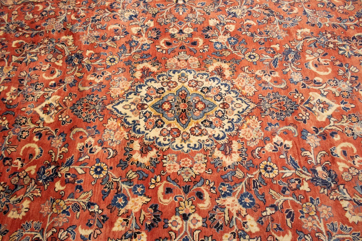 One-of-a-Kind Vintage Orange-Red Oriental Rug Oversized Floral Carpet 11X15 ft