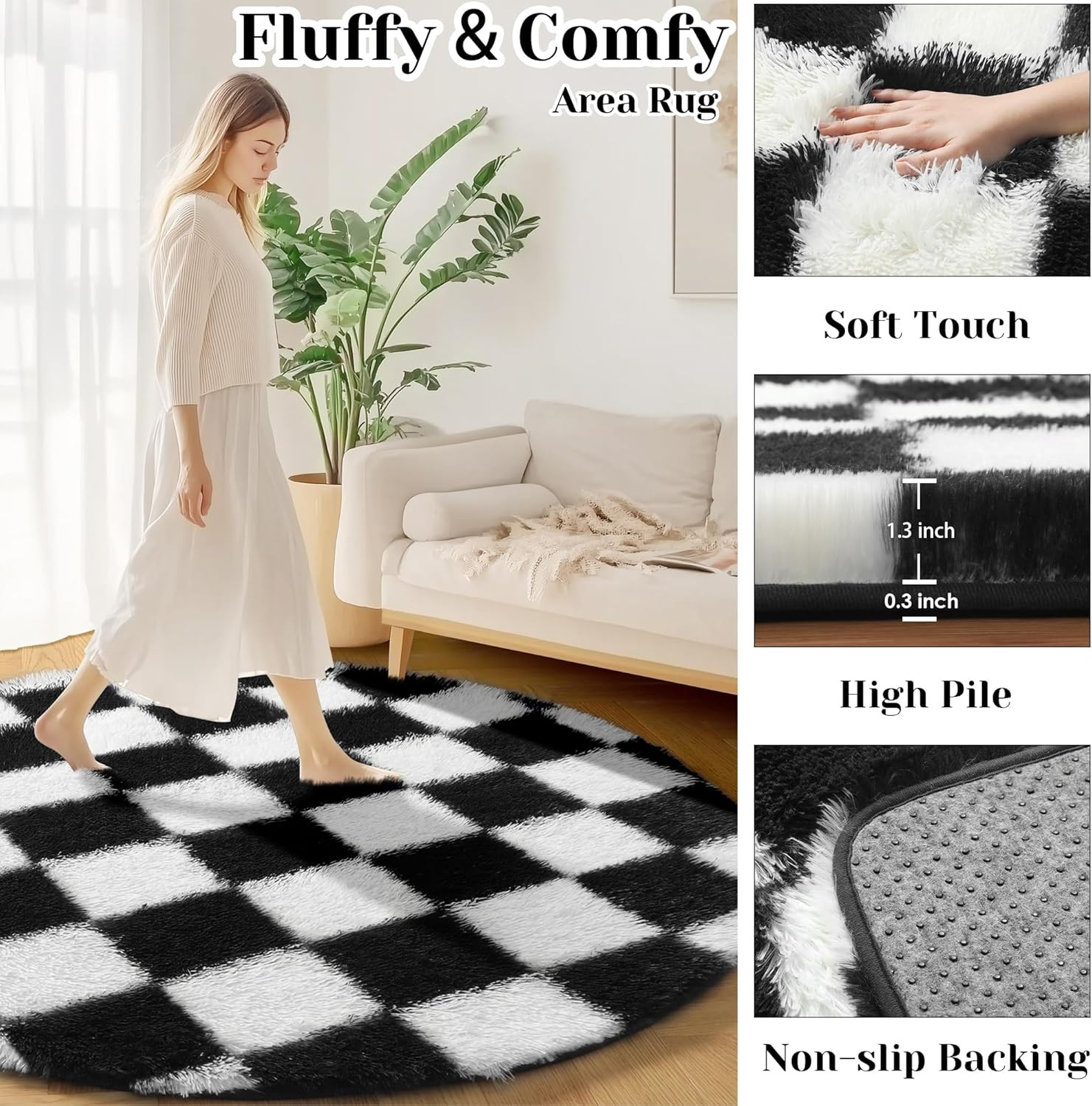 Round Rug 4ft for Bedroom, Black and White Fluffy Soft Circle Area Rug Small Fuz