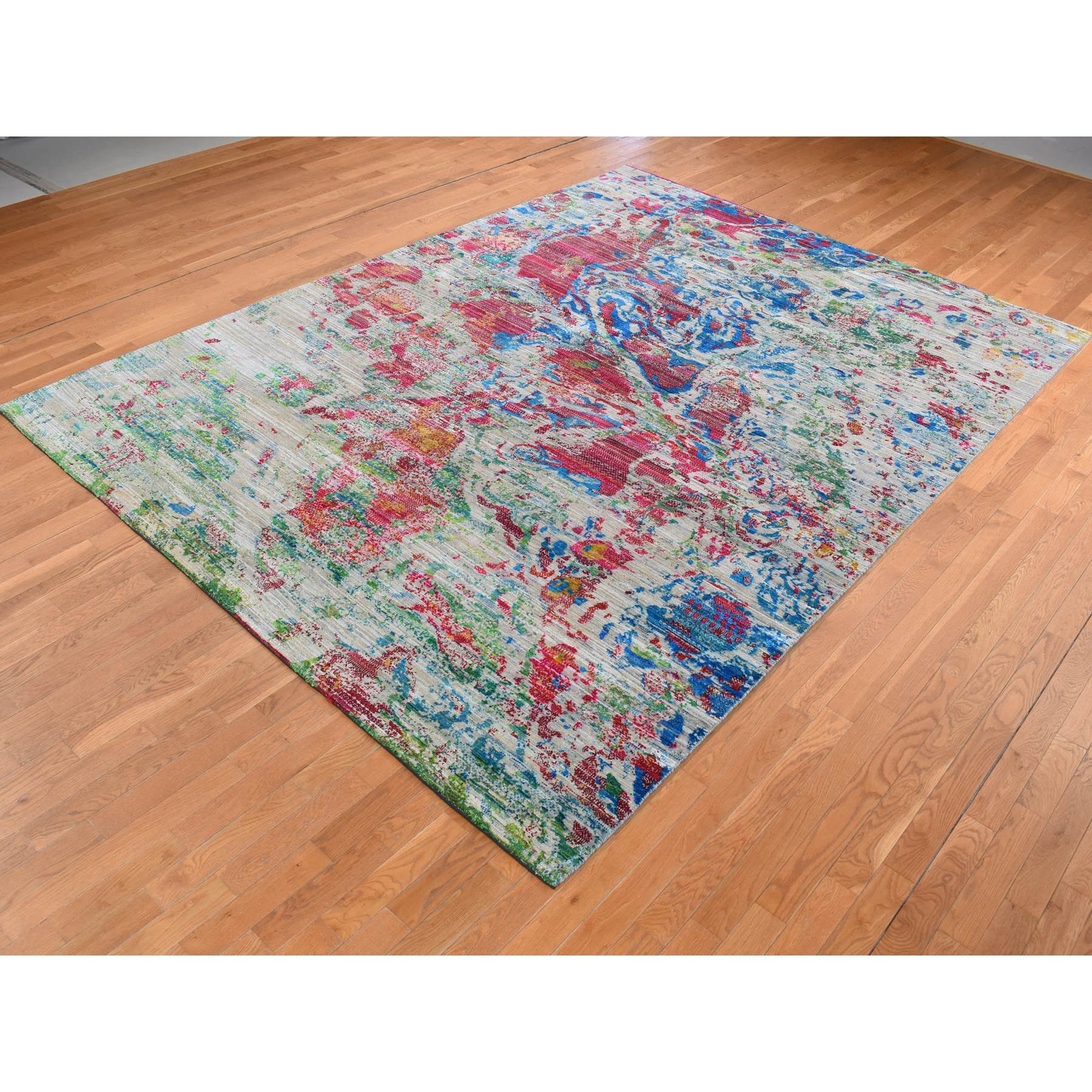 8’10” x 12’2″ Gray Abstract Design Sari Silk with Wool Hand Knotted Rug R87140