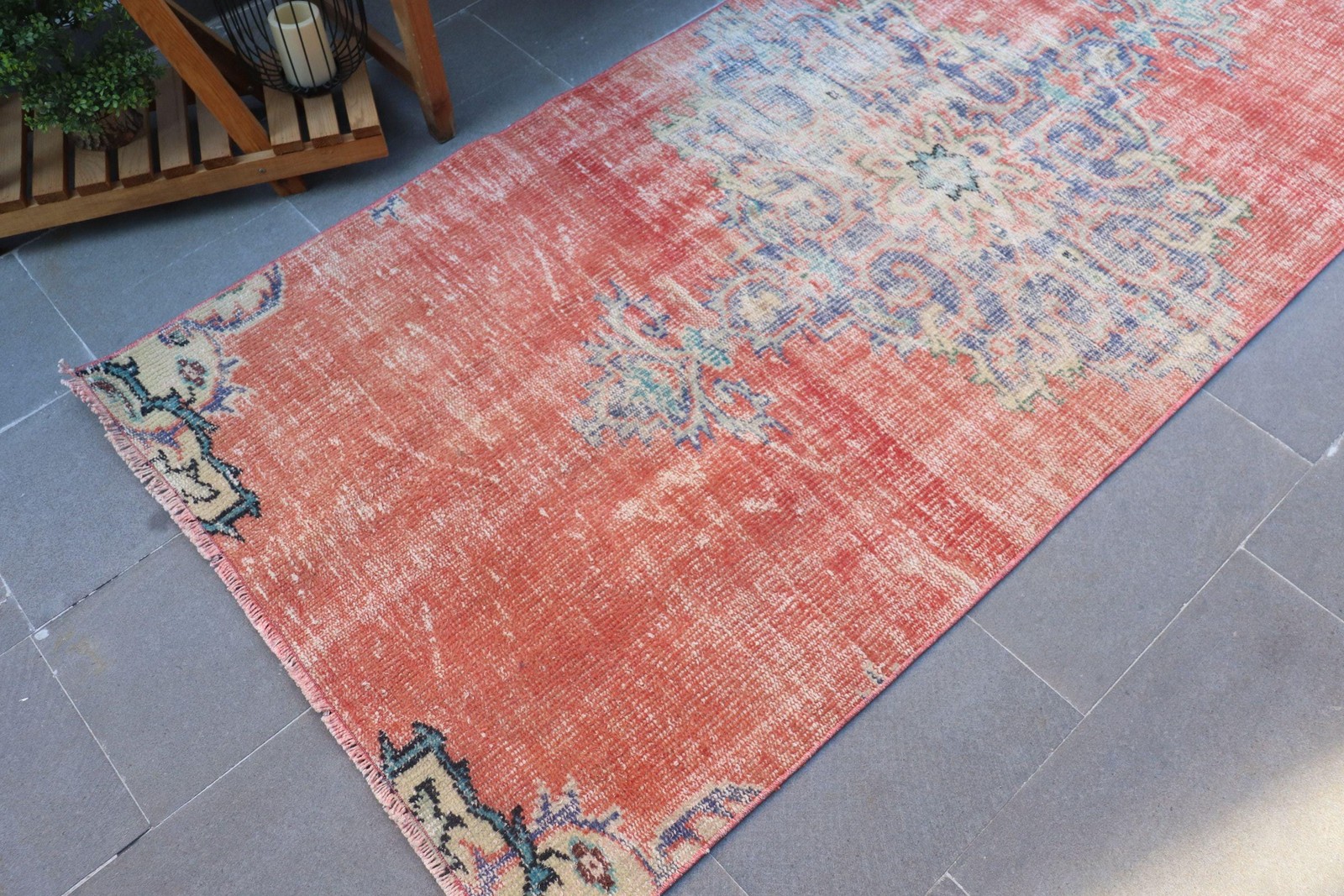 Vintage Turkish Rug, 3,4×7,8 ft Area Rug, Red Blue Camouflage Wool Rug