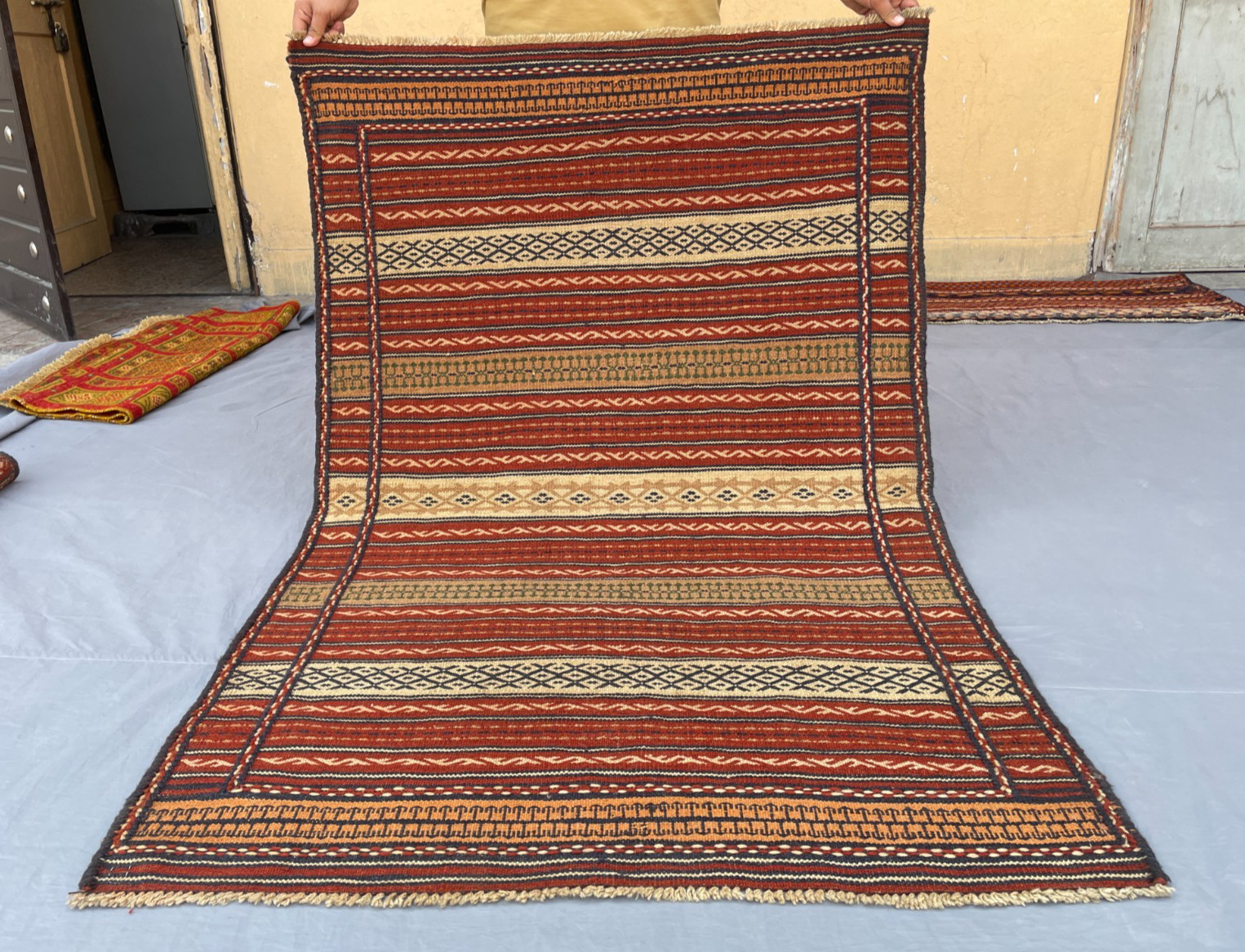 3’5 x 5’3 Ft Handwoven Afghan Soumak Kilim – Bold Red and Green Stripes – Nomad
