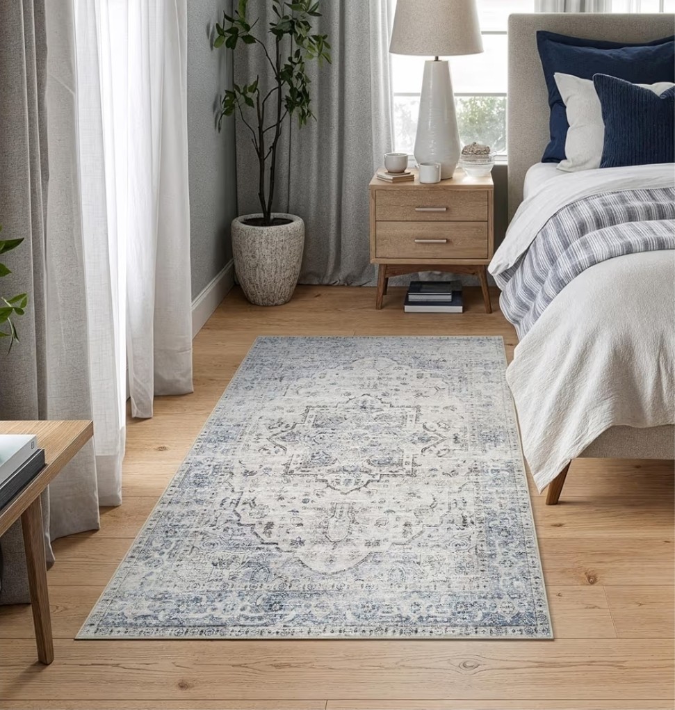 Area Rug 3×5 Rectangle Medallion Beige/Gray Distressed Pattern machine washable