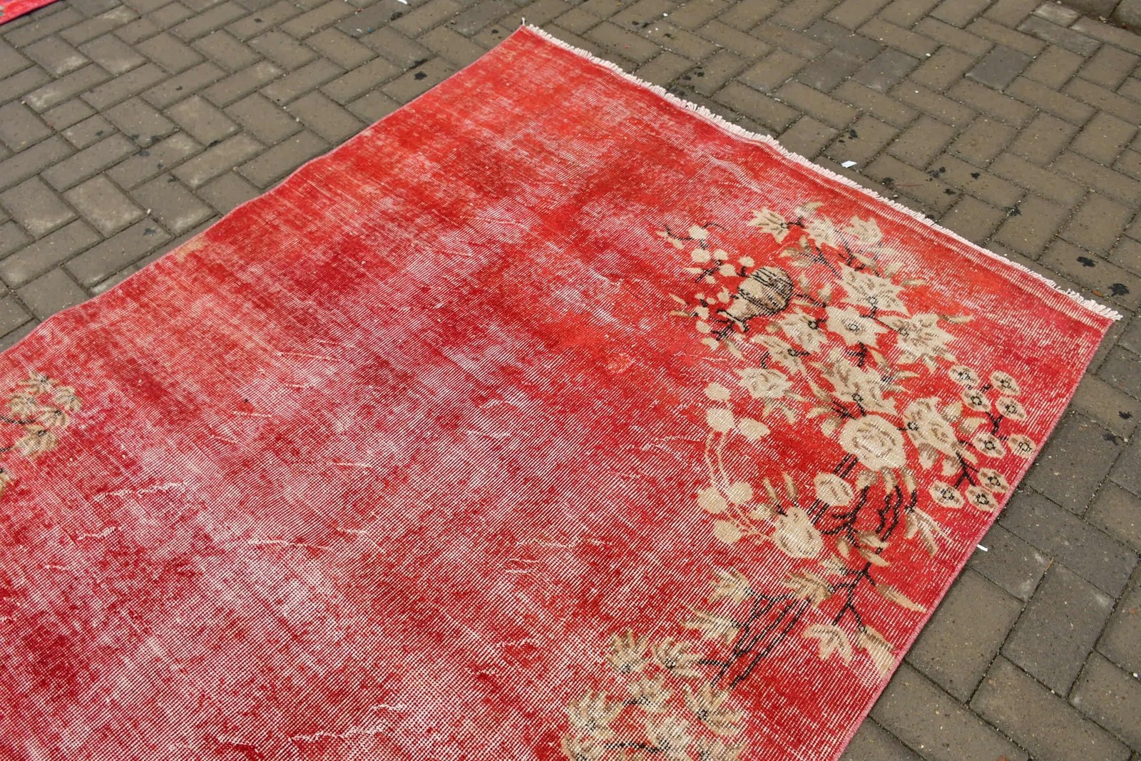 5×8,7 ft Vintage Rug, Red Ikat Turkish Rug Wool