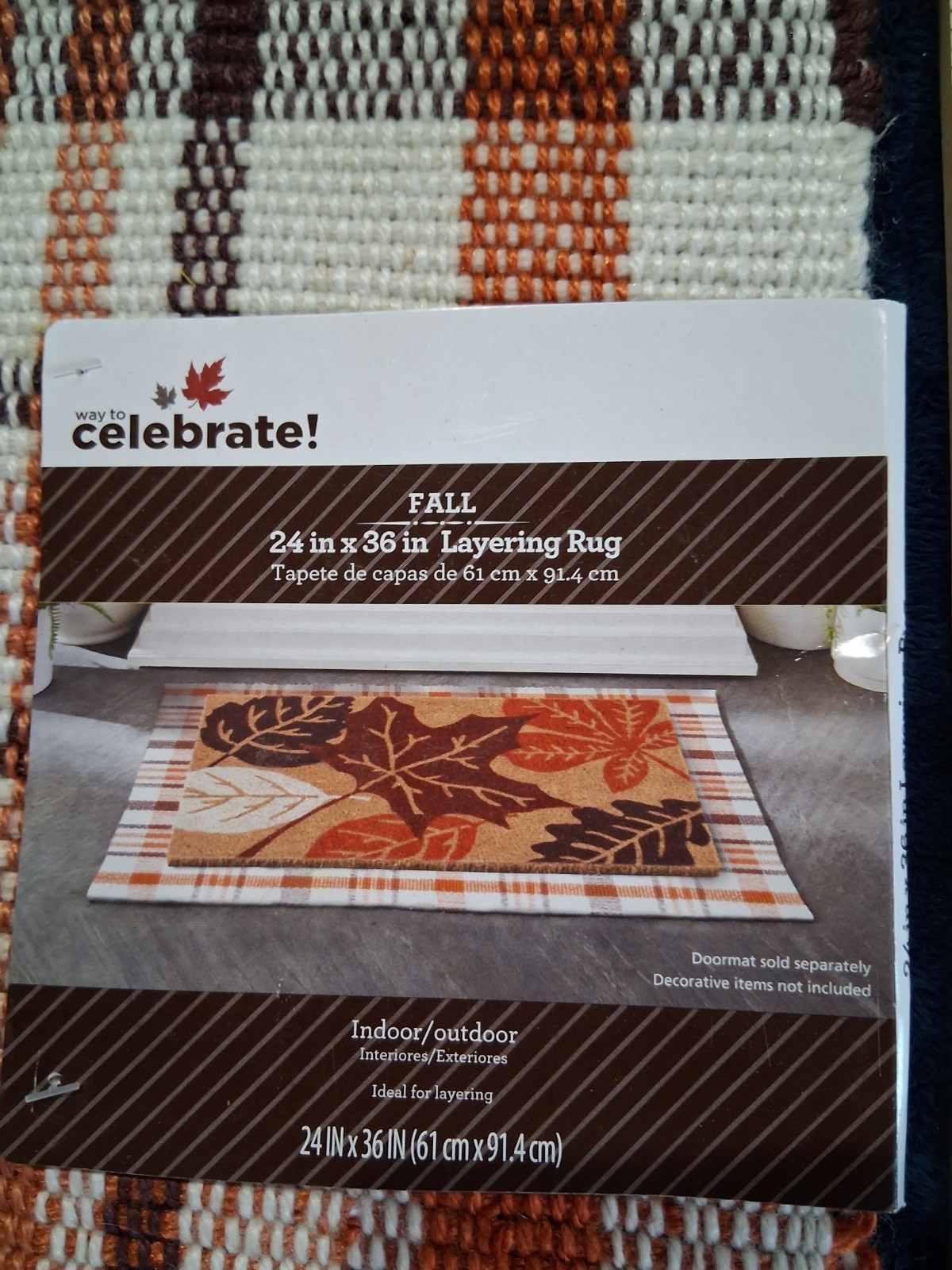 Way To Celebrate Fall Layering Rug NWT 24×36 Plaid Orange Brown White Door Mat