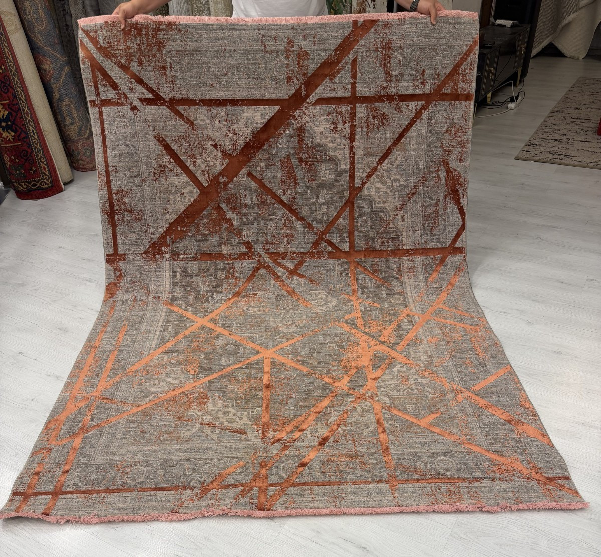 Turkish Bamboo Area Rug 7×10 Modern Abstract Large Living Room Carpet Gray Coppe