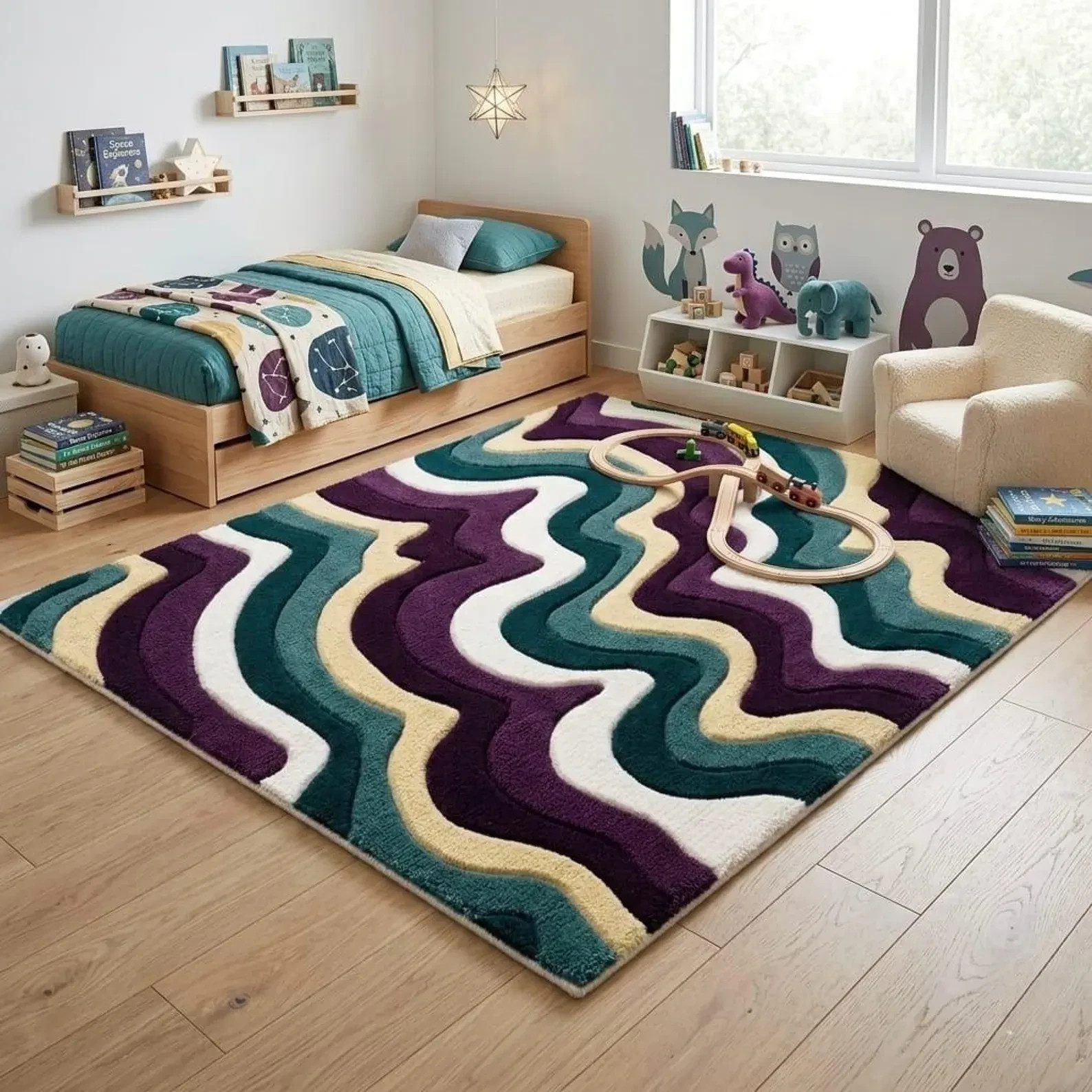 Hand tufted, Modern Wavy Abstract Rug, Purple Green Cream Area Rug Luxury Room