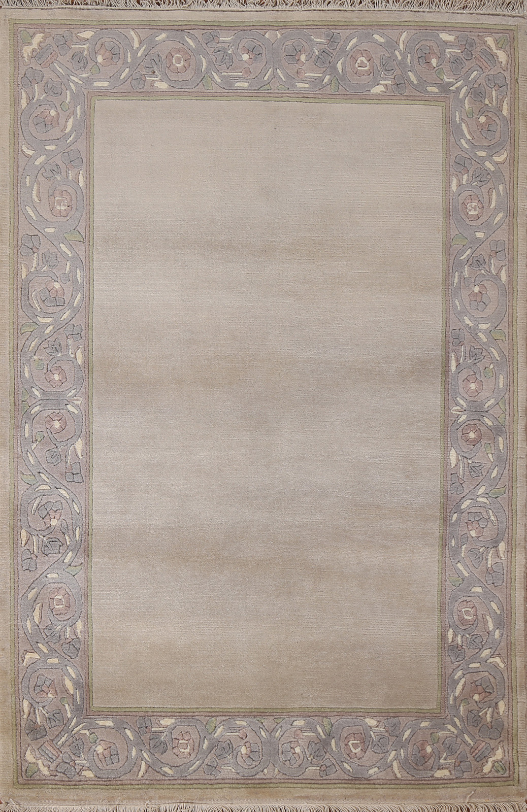 Handmade Beige / Gray Wool Nepalese Rug 4×5 Ft Bordered Modern Oriental Area Rug