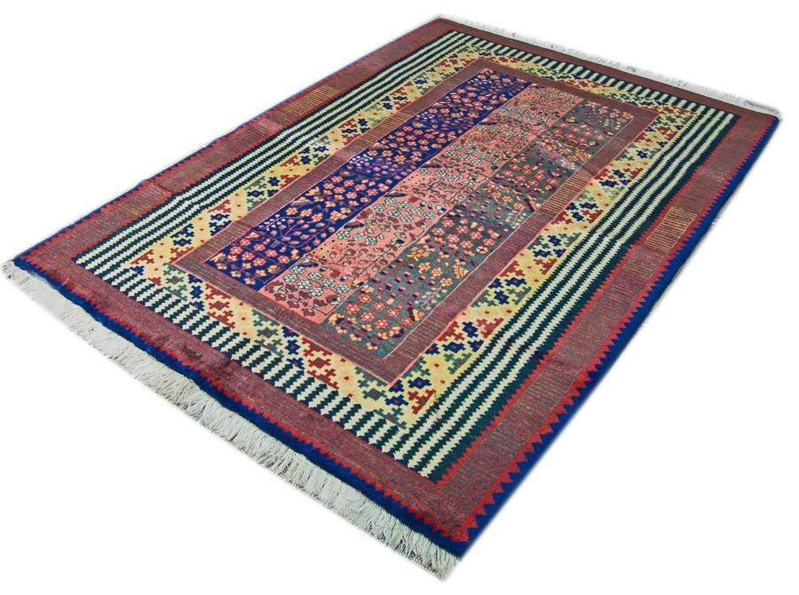 Bordered Geometric Floral Turkish 4′ 9″ x 6′ 7″ Pink Hand Knotted Area rug