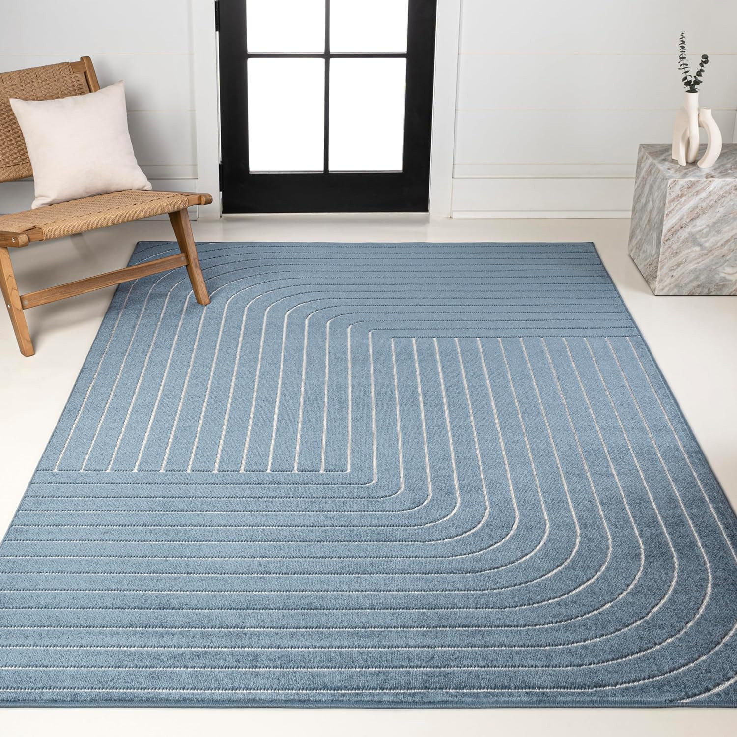 Odense High-Low Angle Dark Blue/Cream 3X5 Indoor/Outdoor Area Rug for Patio, Bac