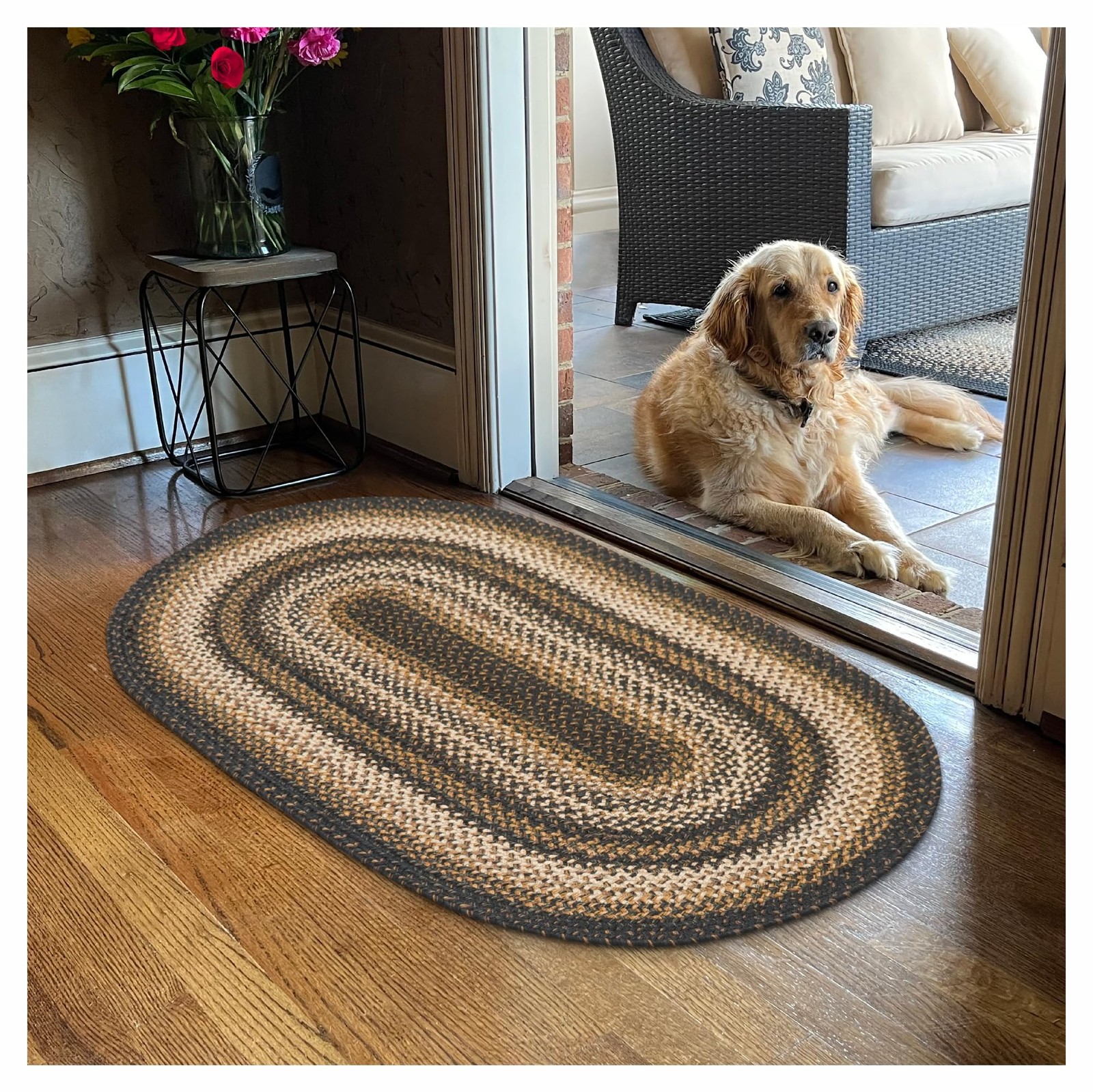 20×30 inch Kilimanjaro Black Tan Jute Braided Oval Rug Primitive Decor