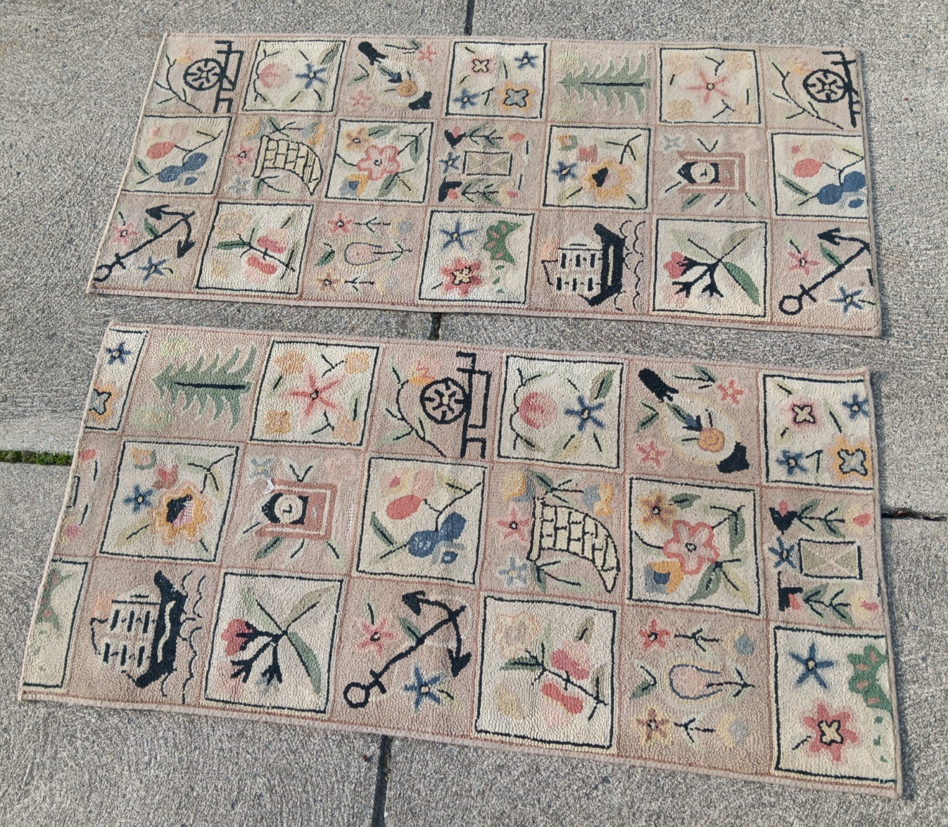 (2) Old & Worn Hooked Rugs /w Design Squares, Tree Ship – 26″ wide x 54″ & 58″