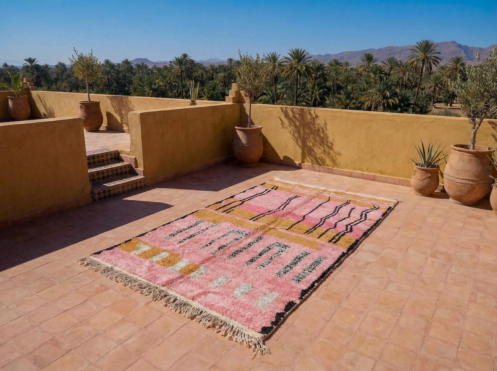 Abstract Boho Sunset Carpet – Hand-Knotted Pink Orange Moroccan Rug
