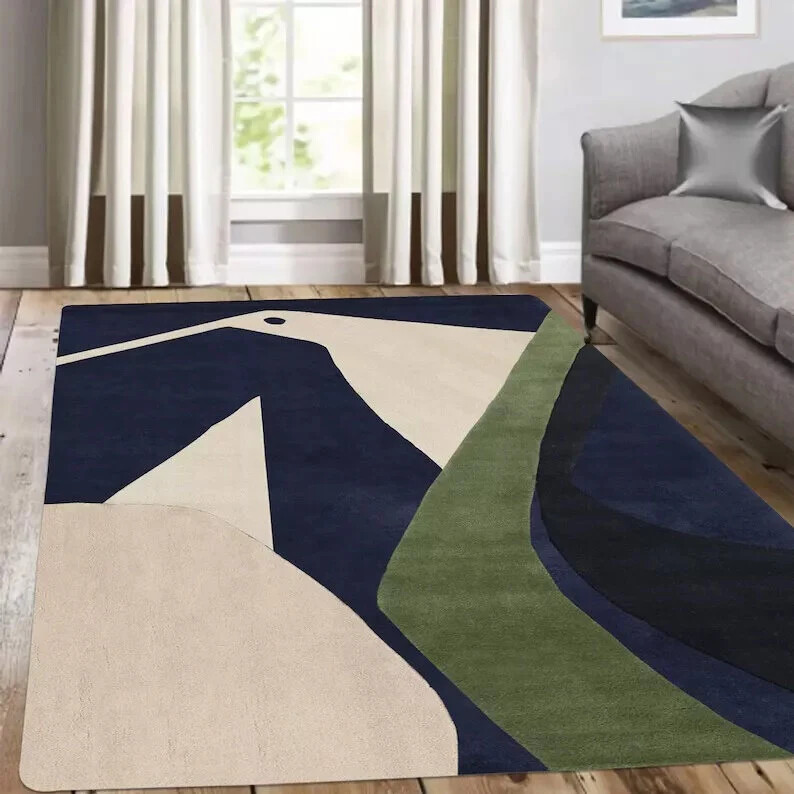 Handmade Blue White Wool Carpet Modern Area Rug Bedroom Home Decor