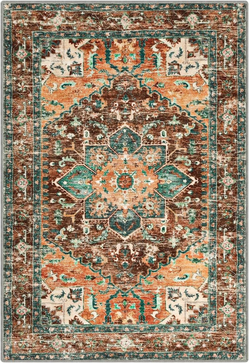 Washable Area Rug, 2×3 Small Entryway Rug Non-Slip Boho Vintage Rug with Rubber
