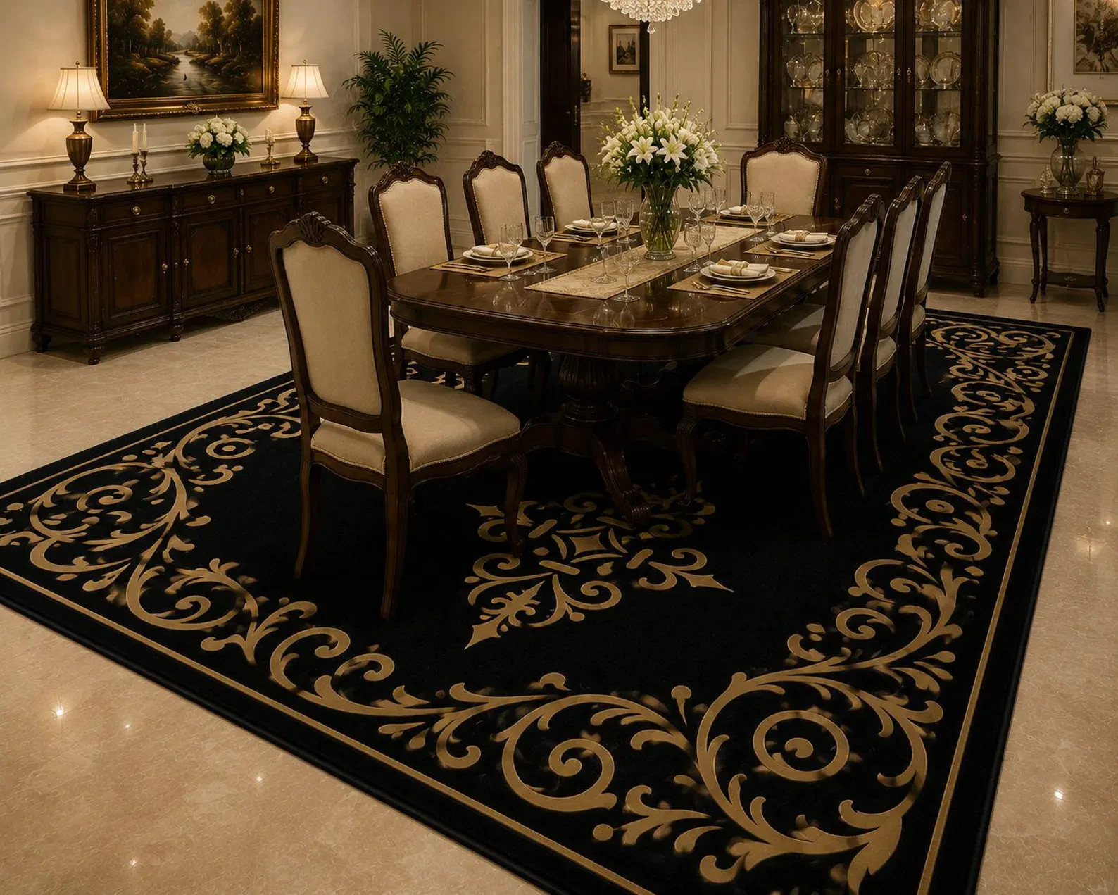 Luxury Black & Gold Hand Tufted Rug Elegant Royal Scroll Design Area Carpet Rug