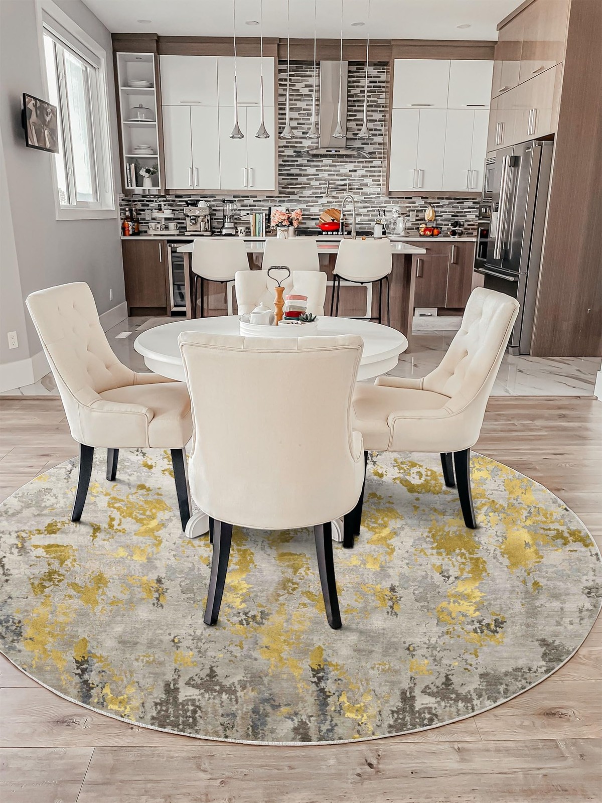 vivorug Round Rug 4ft Abstract Area 4′ (Round), Grey/Gold/Navy