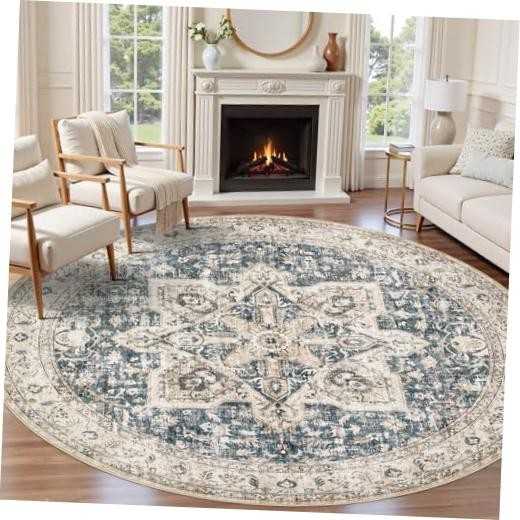 8′ Round Area Rug – Washable Boho Rug – Vintage Oriental Oriental