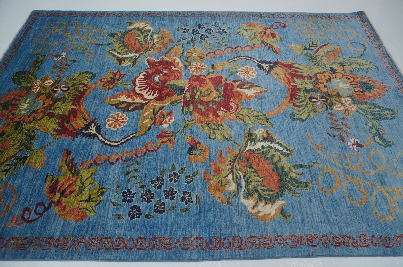 7×10 ft Blue Floral Afghan Hand Knotted Wool Area Rug
