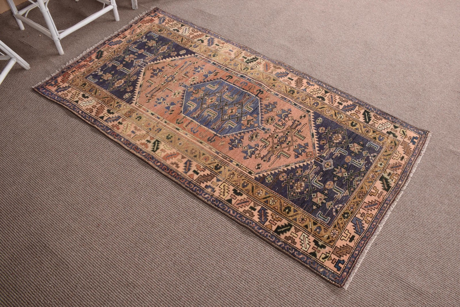 3,3×6,5 ft Vintage Turkish Rug, Oversize Rug, Blue Brown Striped Wool Rug