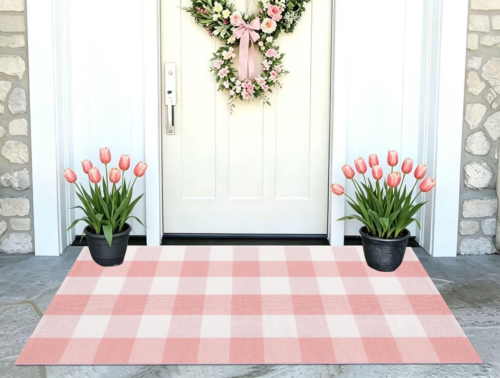 Pink and White Buffalo Outdoor Rug 24”x51”Checkered Plaid Front Porch Rug C…
