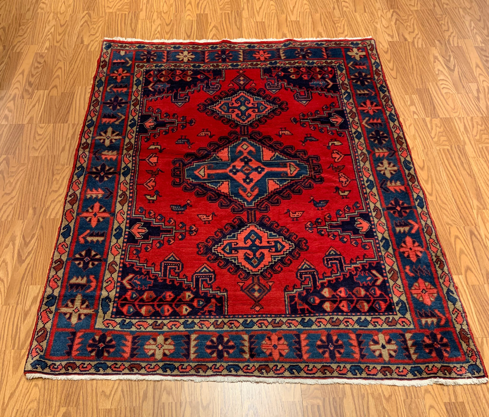 5.3x 6.10 ft Vintage Tribal Geometric Navy 100% Wool Vegetable Dye Rug