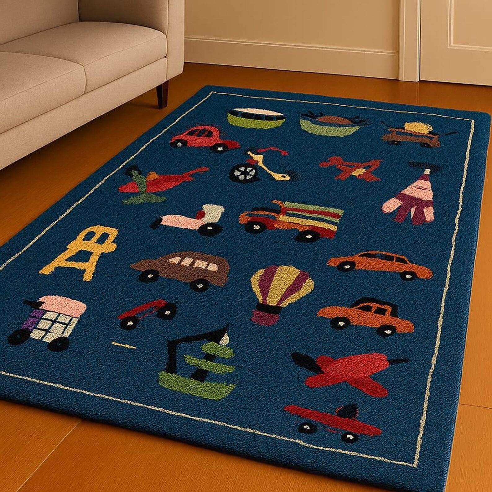 Hand-Tufted New Zealand Wool Kids Rug: Transportation Theme Playroom Carpet