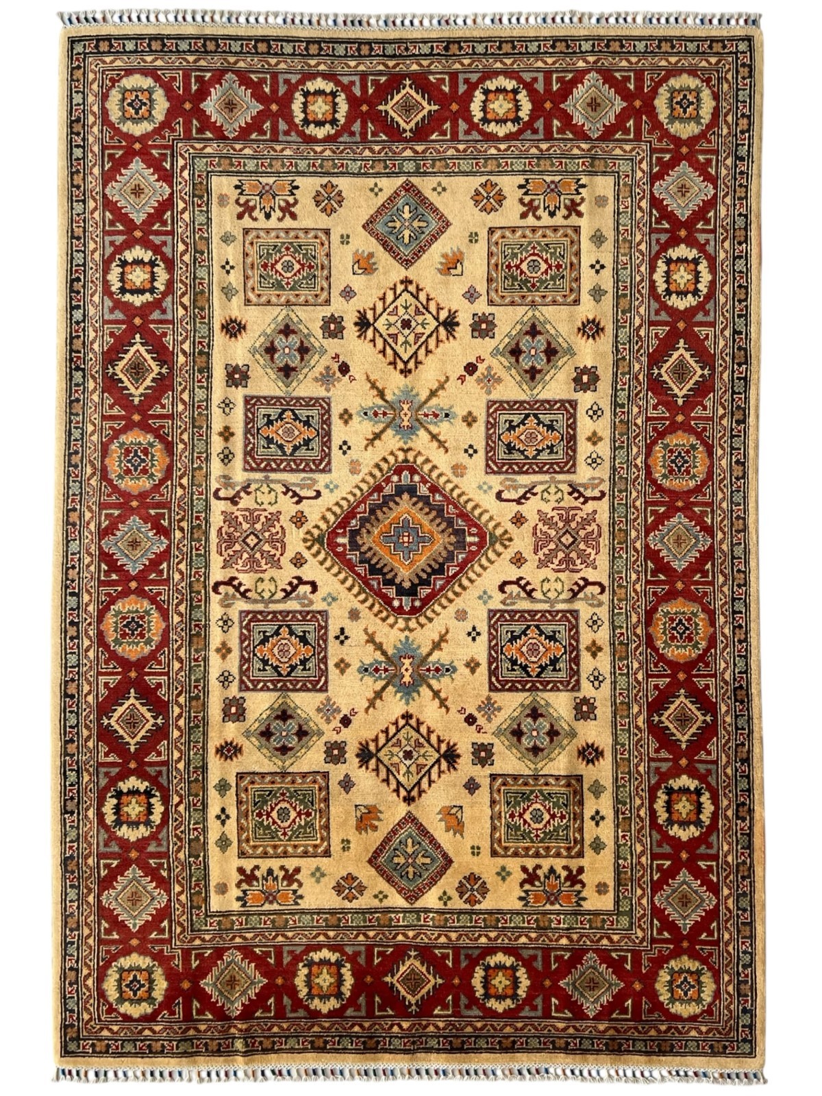 Hand-Knotted Kazak Afghani Wool Rug I Cream & Red 5’6″ x 7’10”