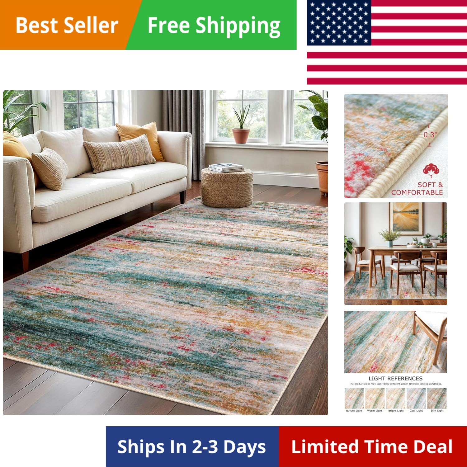 Washable Area Rug 5×7 Modern Ombre Thin Rugs for Living Room Non-Slip Soft St…